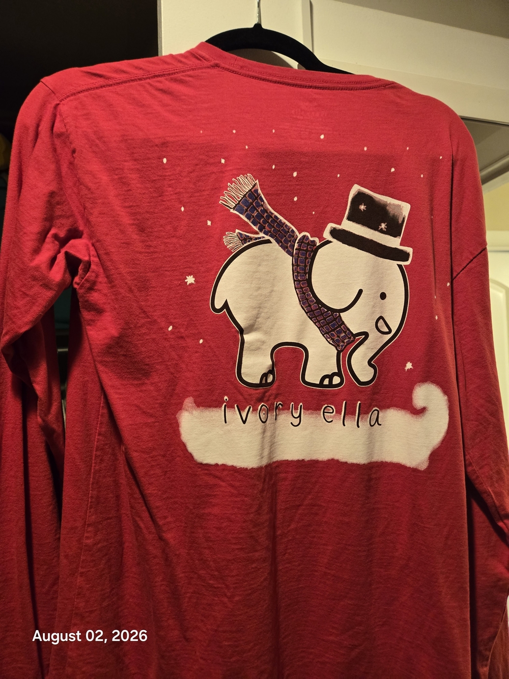 ivory ella Womens Medium Red Long-Sleeve Tee with Winter Elephant Graphic